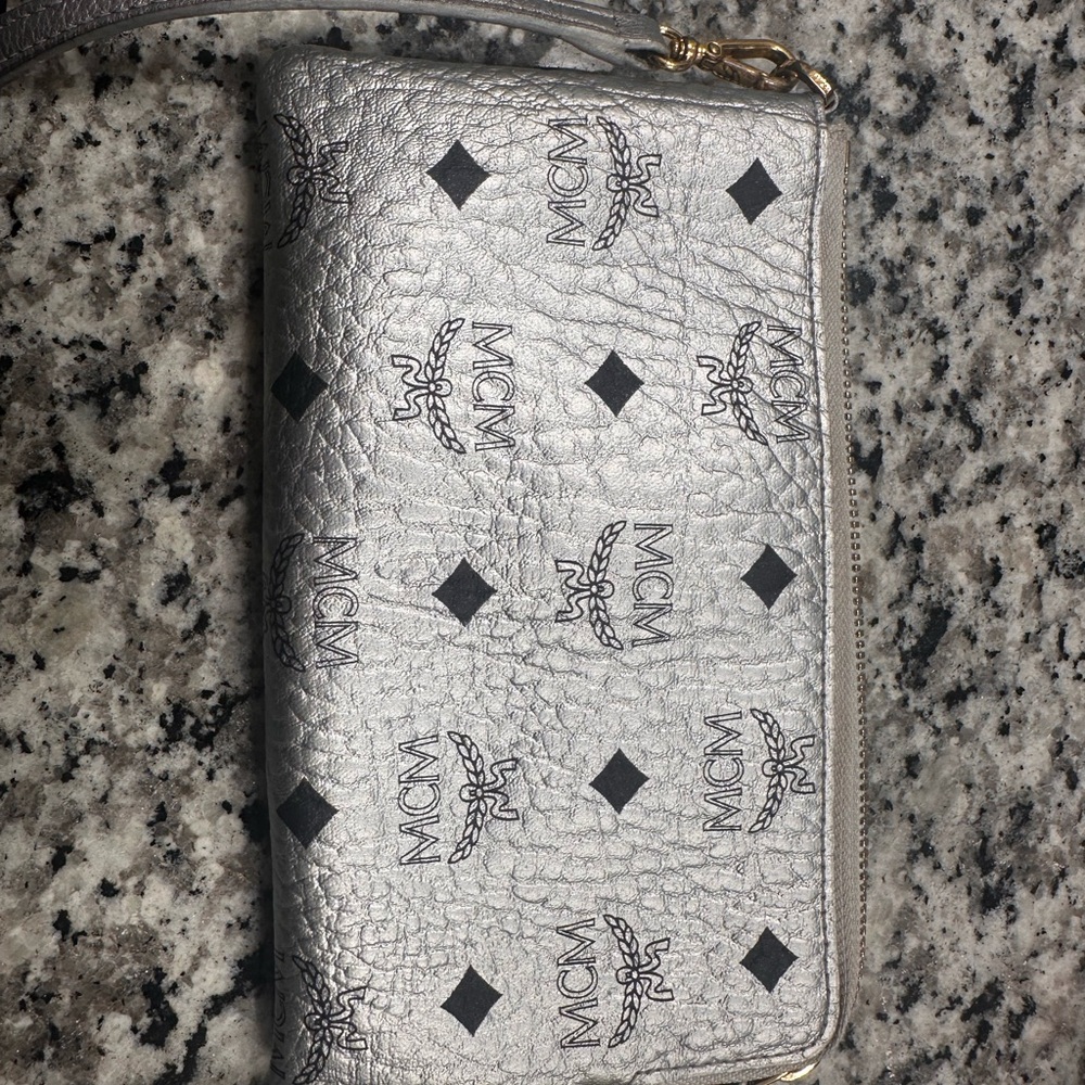 MCM Metallic Silver Wristlet Clutch